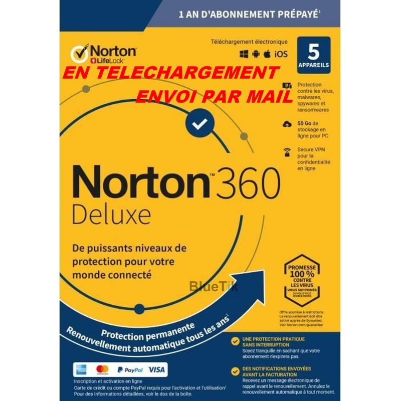 NORTON 360 DELUXE ESD 5 Appareils - 5APP - 1 AN - 50GB CLOUD - Envoyé par mail
