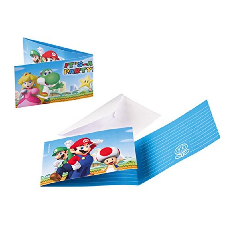 AMSCAN - 8 Cartes invitation + Enveloppes Super Mario