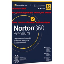 Sans CB - NORTON 360 PREMIUM 2022 ESD - 10 Appareils - 10APP - 1 AN - 75GB CLOUD -Envoyé par mail