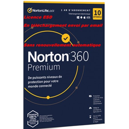 NORTON 360 PREMIUM 2022 ESD sans renouvellement automatique 10 Appareils - 10APP - 1 AN - 75GB CLOUD -Envoyé par mail