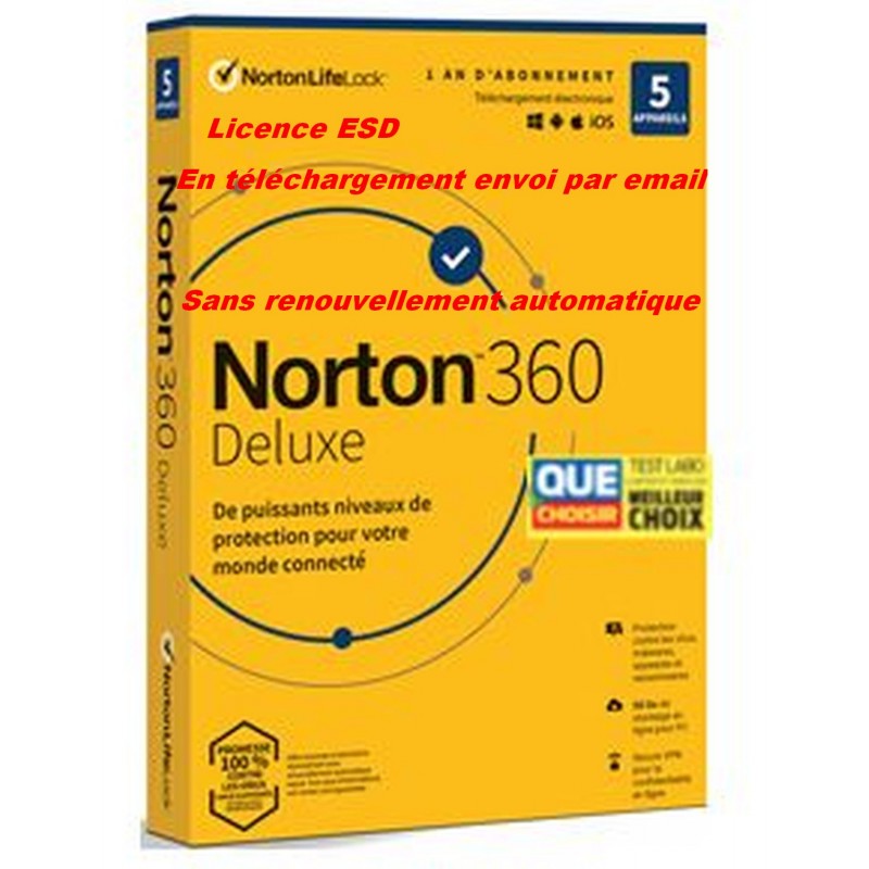 NORTON 360 DELUXE 2021 sans renouvellement automatique ESD 5 Appareils - 5APP - 1 AN - 50GB CLOUD - Envoyé par mail